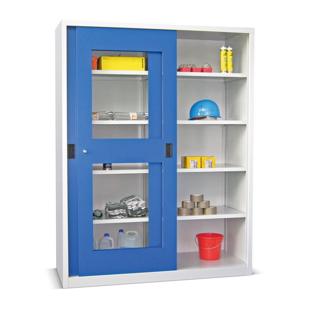 Armoire à portes coulissantes PAVOY avec regards + 8 tablettes + cloison de séparation, H x l x P 1 950 x 1 500 x 400 mm, bleu clair, gris clair Illustration du produit: Armoire à portes coulissantes PAVOY avec regards + 8 tablettes + cloison de séparation, H x l x P 1 950 x 1 500 x 400 mm, bleu clair, gris clair