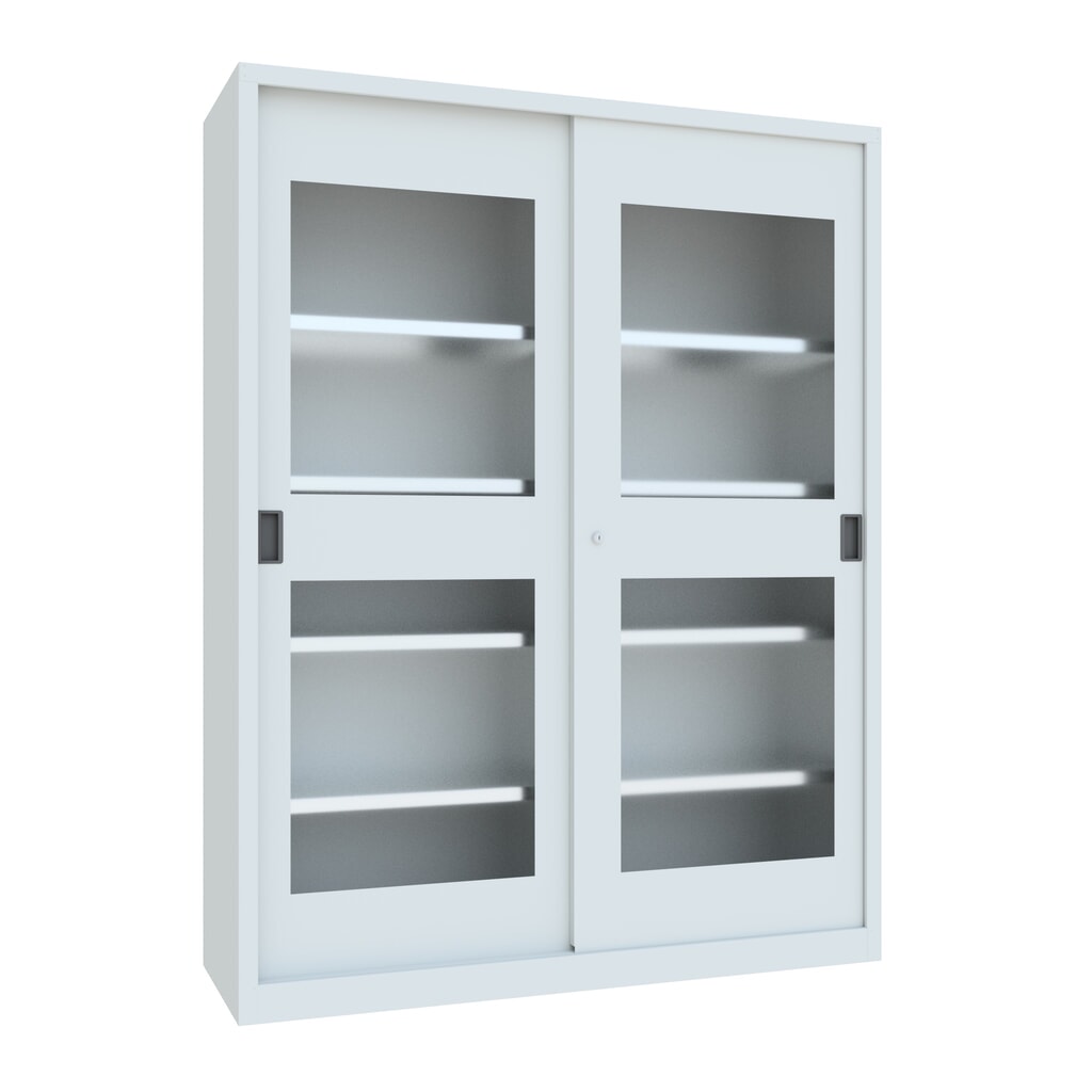 Armoire à portes coulissantes PAVOY avec regards + 8 tablettes + cloison de séparation, H x l x P 1 950 x 1 500 x 500 mm, gris clair, gris clair Illustration du produit: Armoire à portes coulissantes PAVOY avec regards + 8 tablettes + cloison de séparation, H x l x P 1 950 x 1 500 x 500 mm, gris clair, gris clair
