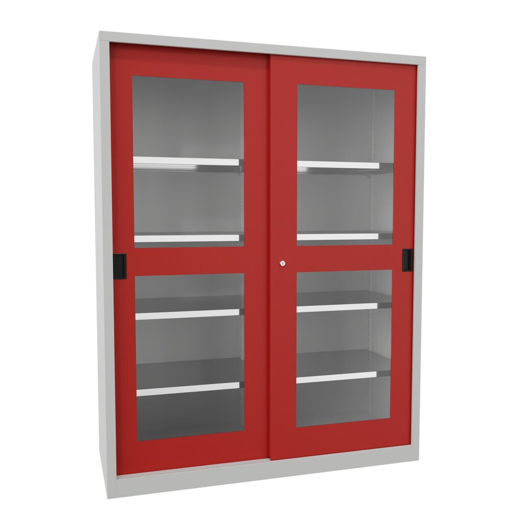 Armoire à portes coulissantes PAVOY avec regards + 8 tablettes + cloison de séparation, H x l x P 1 950 x 1 500 x 600 mm, rouge feu, gris clair Illustration du produit: Armoire à portes coulissantes PAVOY avec regards + 8 tablettes + cloison de séparation, H x l x P 1 950 x 1 500 x 600 mm, rouge feu, gris clair