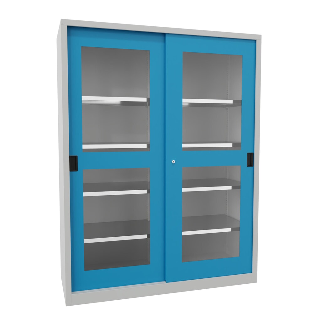 Armoire à portes coulissantes PAVOY avec regards + 8 tablettes + cloison de séparation, H x l x P 1 950 x 1 500 x 600 mm, bleu clair, gris clair Illustration du produit: Armoire à portes coulissantes PAVOY avec regards + 8 tablettes + cloison de séparation, H x l x P 1 950 x 1 500 x 600 mm, bleu clair, gris clair