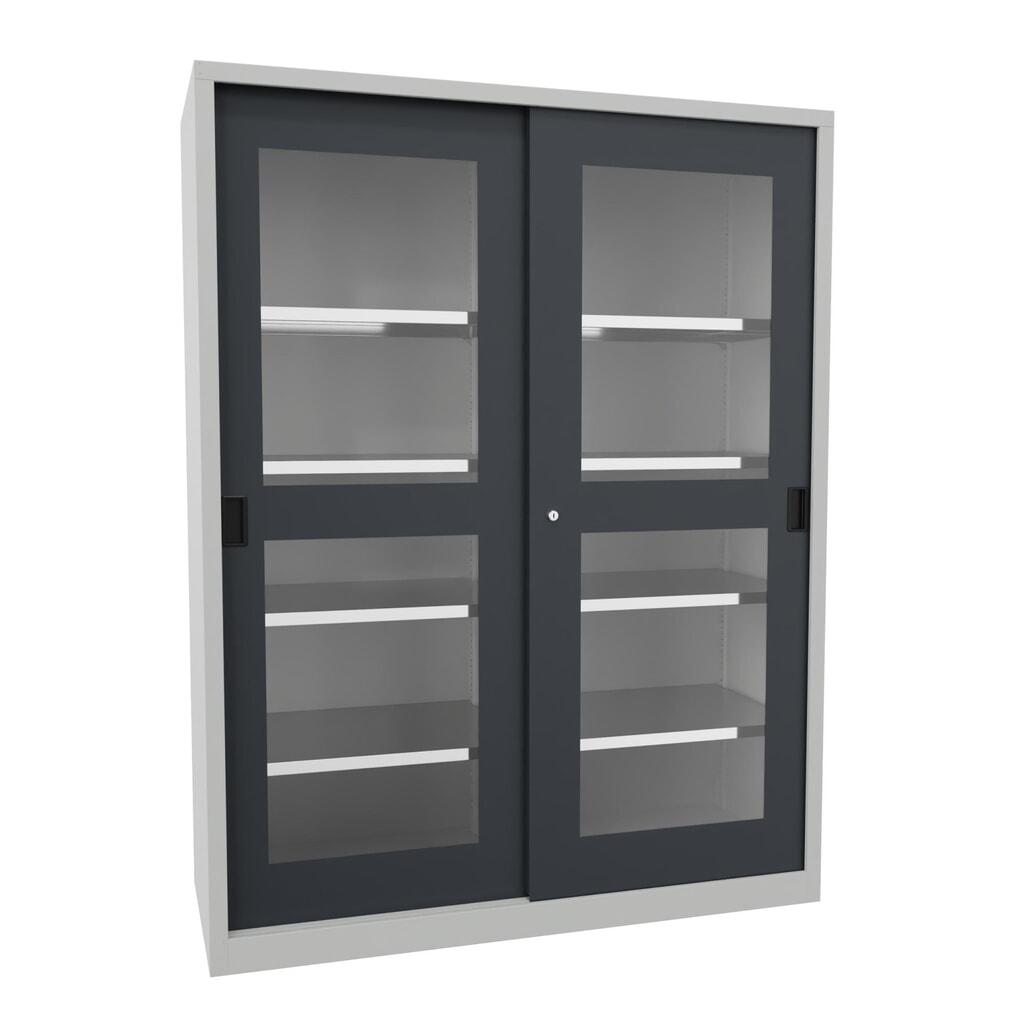 Illustration du produit: Armoire à portes coulissantes PAVOY avec regards + 8 tablettes + cloison de séparation, H x l x P 1 950 x 1 500 x 600 mm, gris anthracite, gris clair