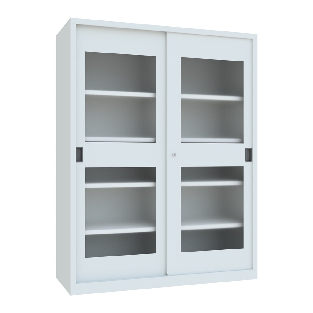 Illustration du produit: Armoire à portes coulissantes PAVOY avec regards + 8 tablettes + cloison de séparation, H x l x P 1 950 x 1 500 x 600 mm, gris clair, gris clair