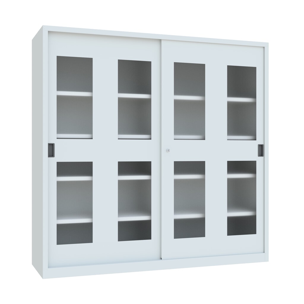 Armoire à portes coulissantes PAVOY avec regards + 8 tablettes + cloison de séparation, H x l x P 1 950 x 2 000 x 600 mm, gris clair, gris clair Illustration du produit: Armoire à portes coulissantes PAVOY avec regards + 8 tablettes + cloison de séparation, H x l x P 1 950 x 2 000 x 600 mm, gris clair, gris clair