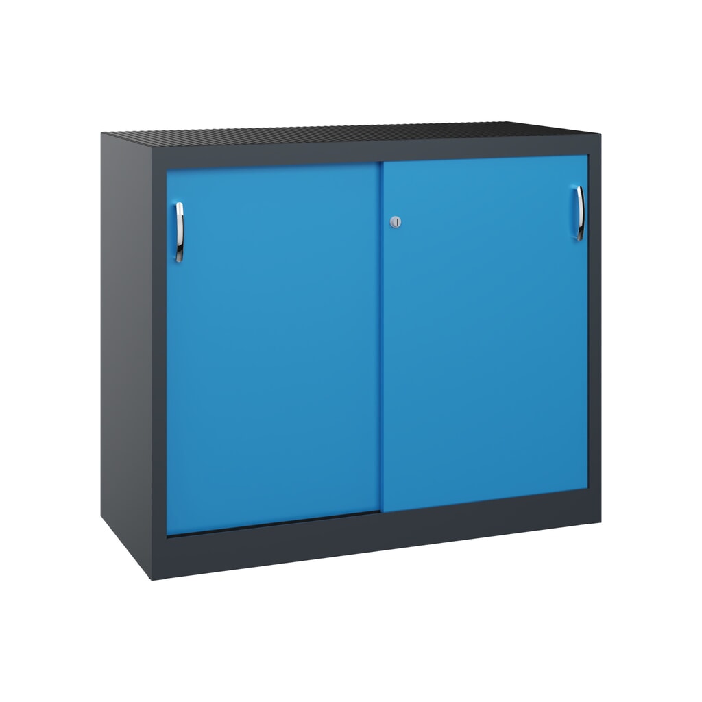 Armoire à portes coulissantes pour charges lourdes C+P, H x l x P 1 000 x 1 200 x 500 mm, gris anthracite, bleu clair Illustration du produit: Armoire à portes coulissantes pour charges lourdes C+P, H x l x P 1 000 x 1 200 x 500 mm, gris anthracite, bleu clair