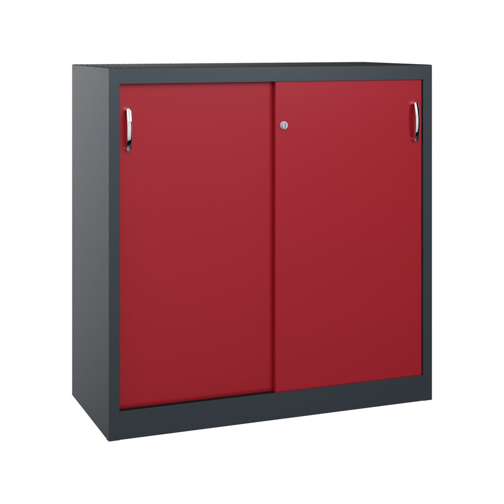 Armoire à portes coulissantes pour charges lourdes C+P, H x l x P 1 200 x 1 200 x 500 mm, gris anthracite, rouge rubis Illustration du produit: Armoire à portes coulissantes pour charges lourdes C+P, H x l x P 1 200 x 1 200 x 500 mm, gris anthracite, rouge rubis