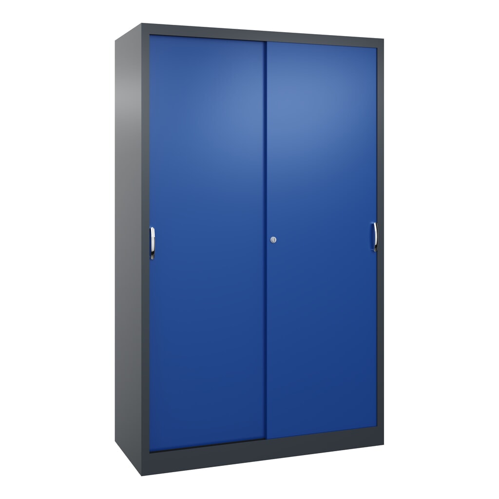 Armoire à portes coulissantes pour charges lourdes C+P, H x l x P 1 950 x 1 200 x 500 mm, gris anthracite, bleu gentiane Illustration du produit: Armoire à portes coulissantes pour charges lourdes C+P, H x l x P 1 950 x 1 200 x 500 mm, gris anthracite, bleu gentiane
