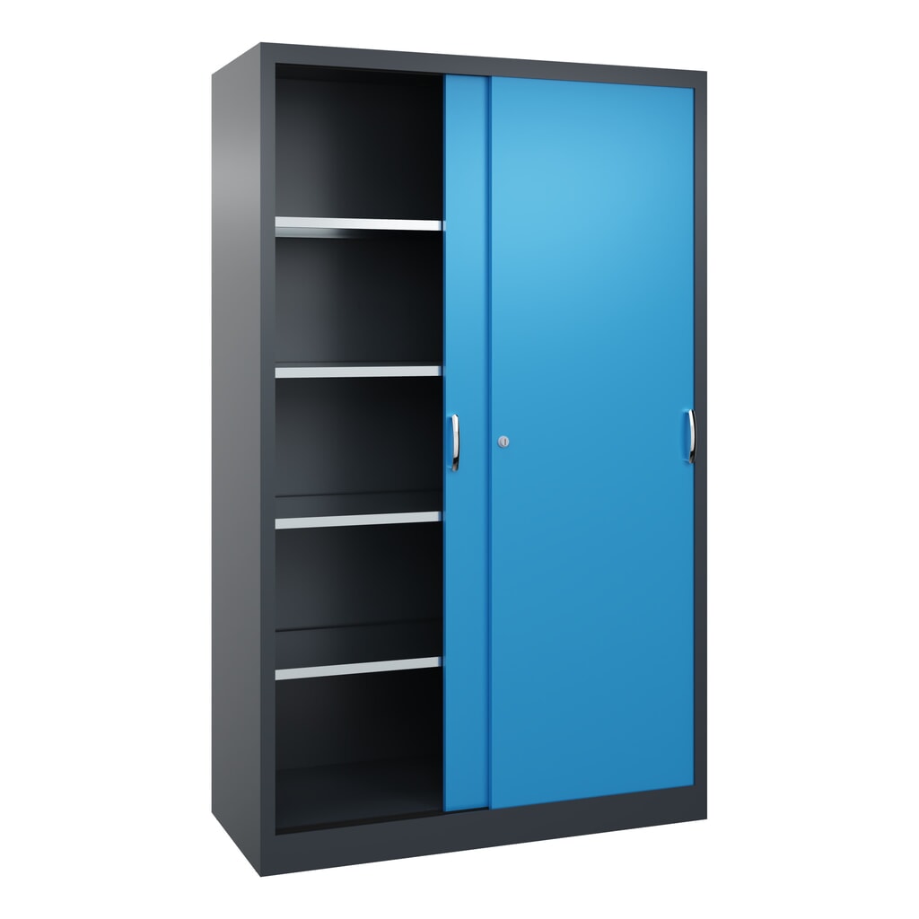 Armoire à portes coulissantes pour charges lourdes C+P, H x l x P 1 950 x 1 200 x 500 mm, gris anthracite, bleu clair N° de l'image du produit 2 : Armoire à portes coulissantes pour charges lourdes C+P, H x l x P 1 950 x 1 200 x 500 mm, gris anthracite, bleu clair