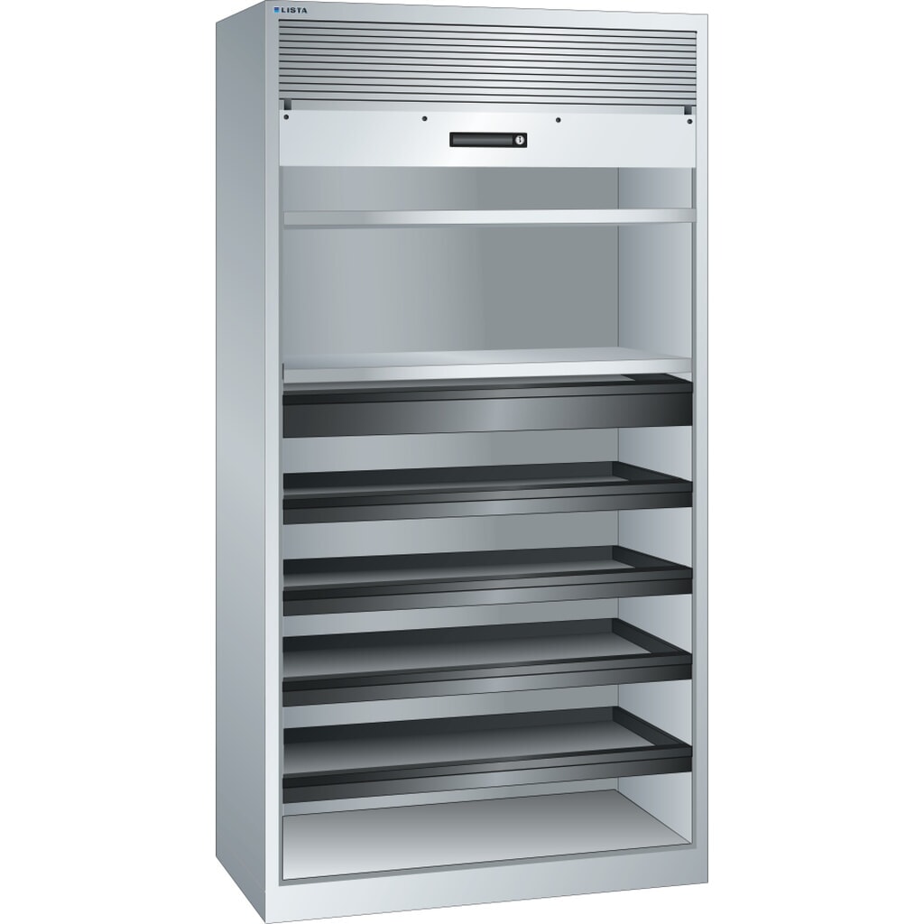 Illustration du produit: Armoire à rideaux LISTA, (lxPxH) 1 000x580x1 950 mm, 4 étagères coulissantes, 2 étagères réglables, gris clair