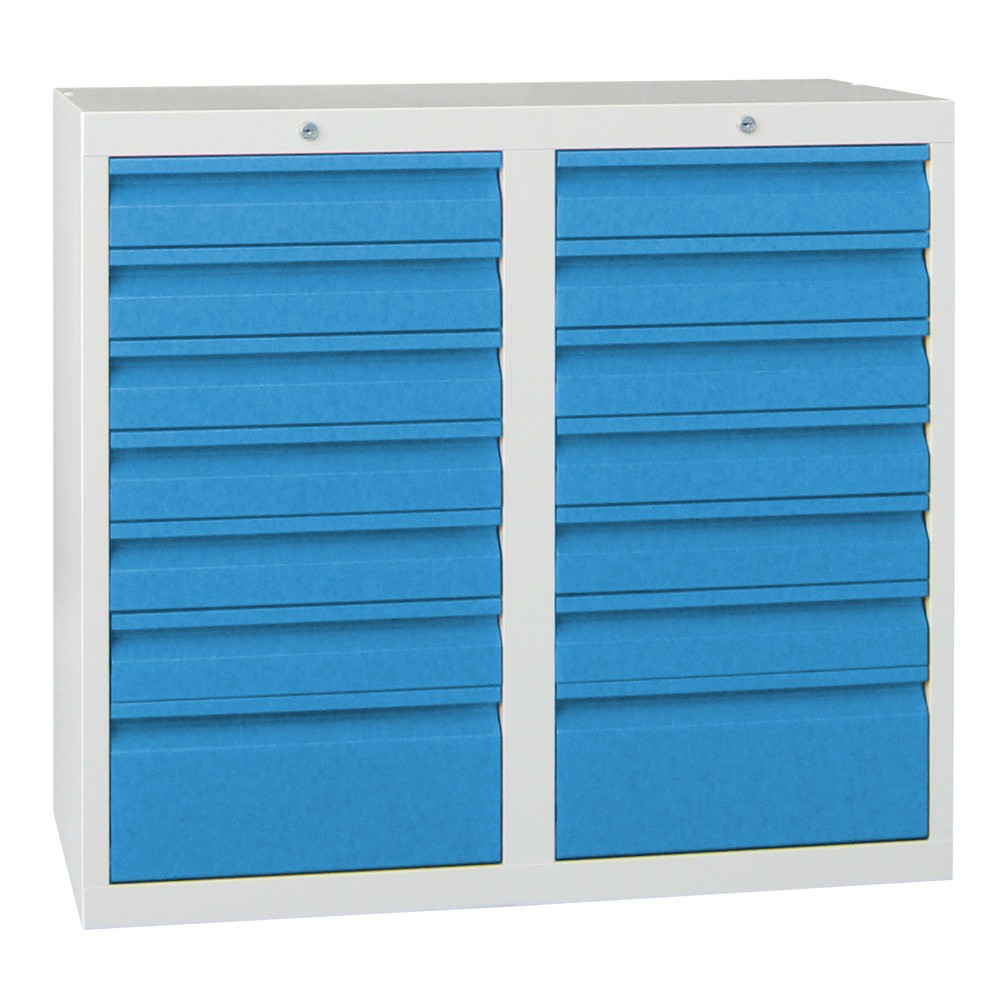 Illustration du produit: Armoire à tiroirs légère PAVOY, guidage à coulissement, tiroirs 12 x 100 mm + 2 x 200 mm, largeur 1 000 mm, bleu gentiane, gris clair