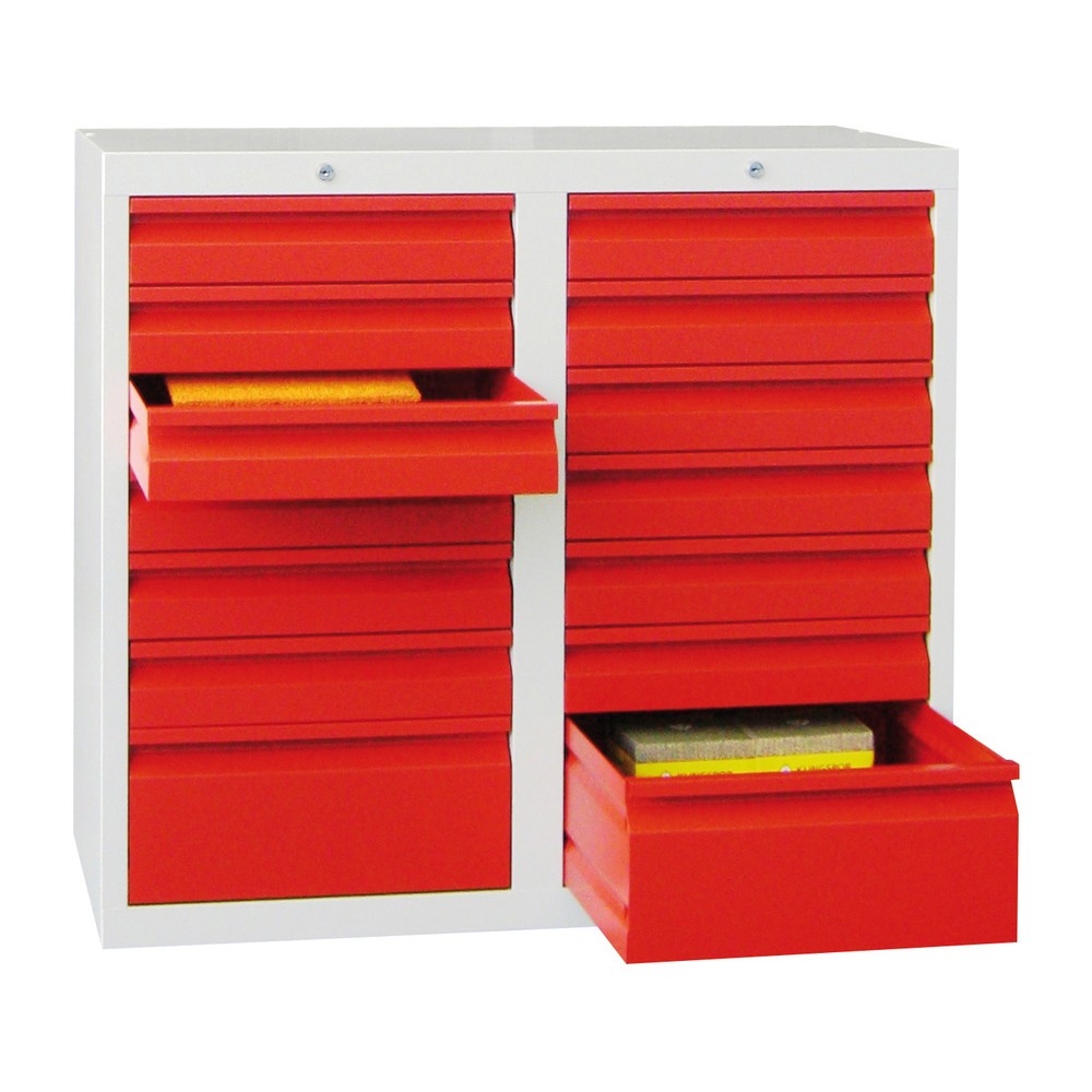 N° de l'image du produit 2 : Armoire à tiroirs légère PAVOY, guidage à coulissement, tiroirs 12 x 100 mm + 2 x 200 mm, largeur 1 000 mm, rouge rubis, gris clair