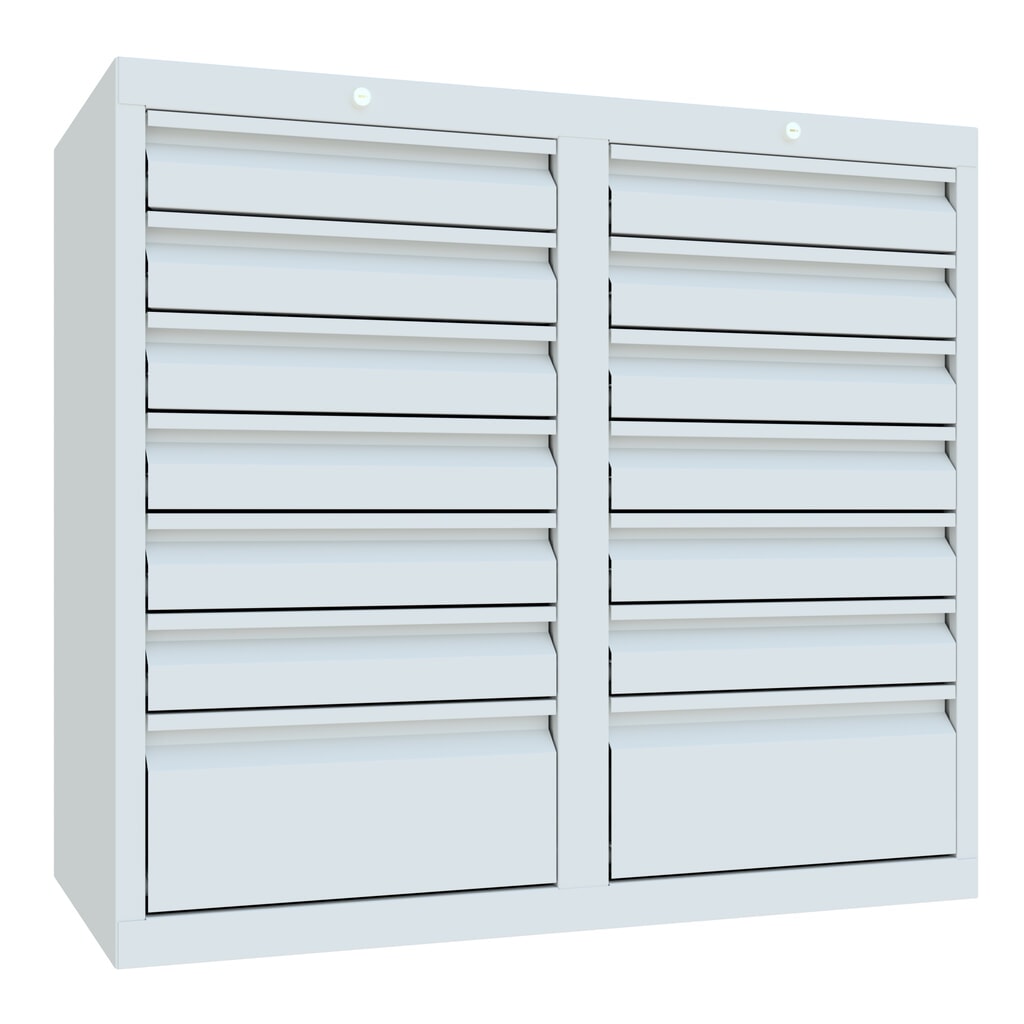 Illustration du produit: Armoire à tiroirs légère PAVOY, guidage à galets, tiroirs 12 x 100 mm + 2 x 200 mm, largeur 1 000 mm, gris clair, gris clair