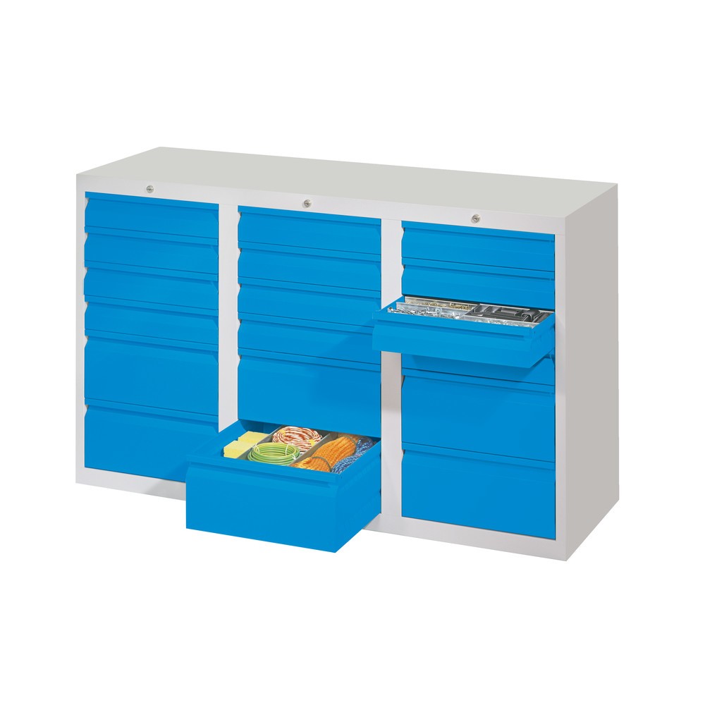 N° de l'image du produit 2 : Armoire à tiroirs légère PAVOY, guidage à galets, tiroirs 12 x 100 mm + 6 x 200 mm, largeur 1 500 mm, rouge feu, gris clair