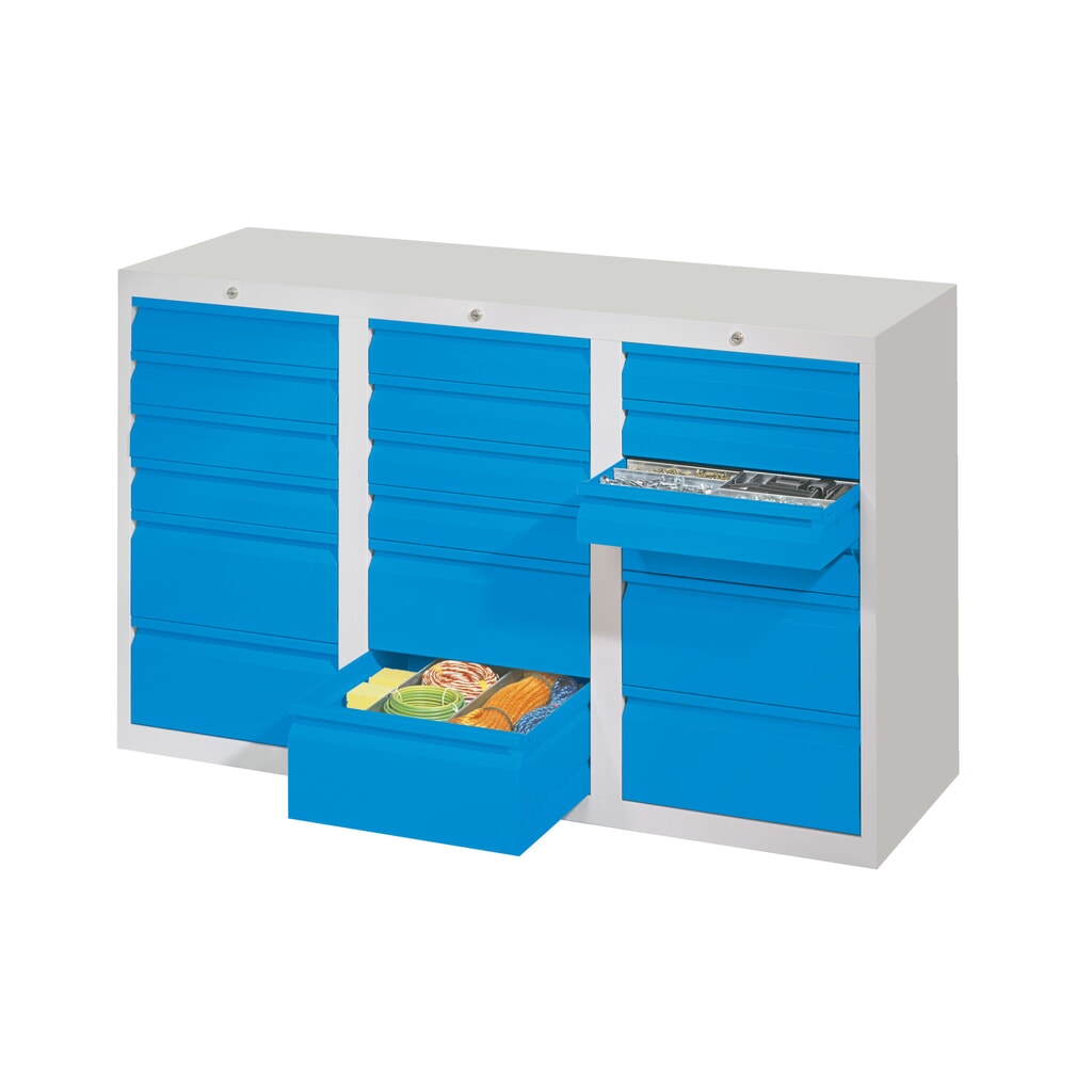 Armoire à tiroirs légère PAVOY, guidage à coulissement, tiroirs 18 x 100 mm + 3 x 200 mm, largeur 1 500 mm, bleu gentiane, gris clair N° de l'image du produit 2 : Armoire à tiroirs légère PAVOY, guidage à coulissement, tiroirs 18 x 100 mm + 3 x 200 mm, largeur 1 500 mm, bleu gentiane, gris clair