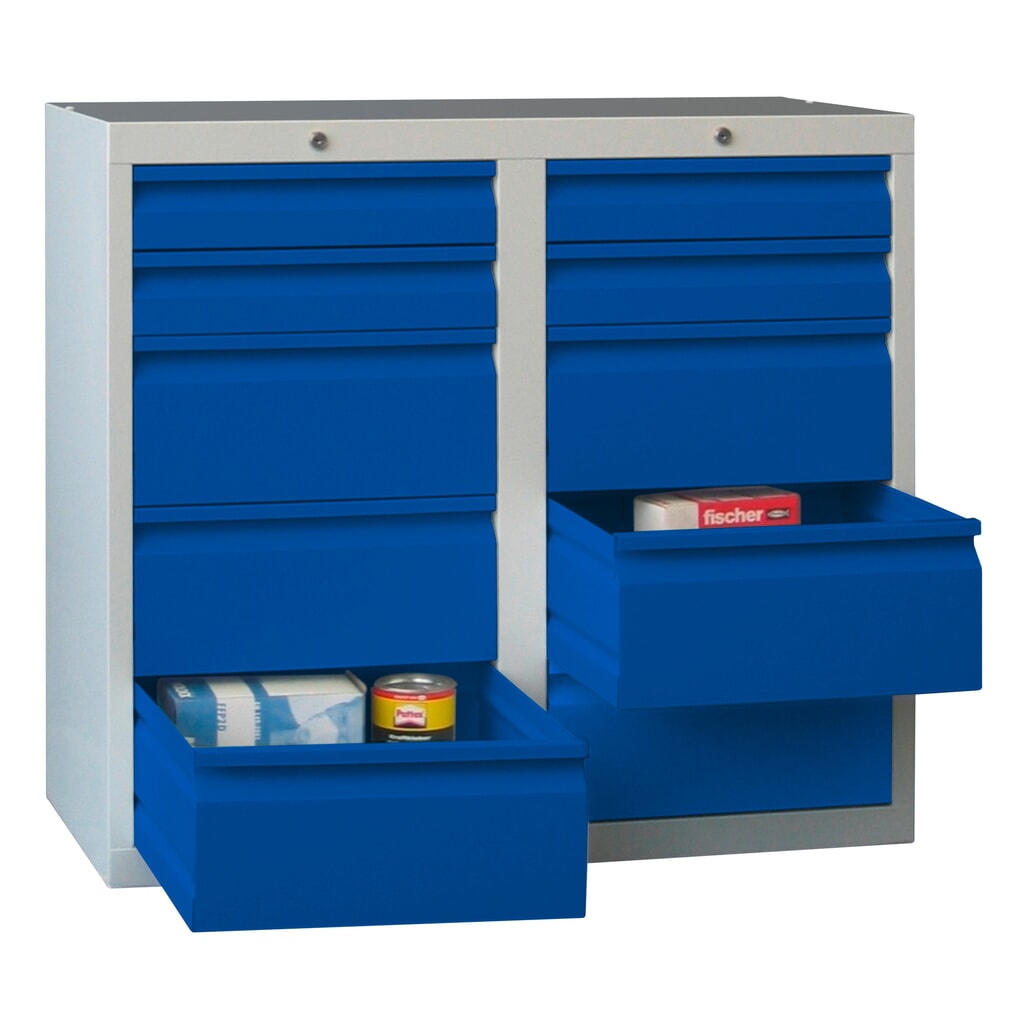 Illustration du produit: Armoire à tiroirs légère PAVOY, guidage à galets, tiroirs 4 x 100 mm + 6 x 200 mm, largeur 1 000 mm, bleu gentiane, gris clair