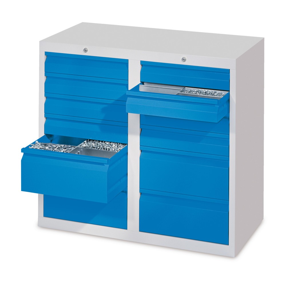 Illustration du produit: Armoire à tiroirs légère PAVOY, guidage à coulissement, tiroirs 8 x 100 mm + 4 x 200 mm, largeur 1 000 mm, bleu gentiane, gris clair