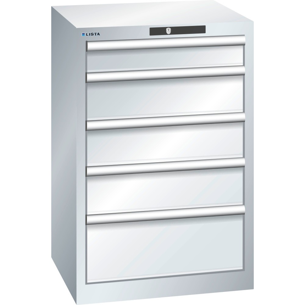 Illustration du produit: Armoire à tiroirs LISTA 27 x 27E, (lxPxH) 564x572x850 mm, 5 tiroirs, 1 x 100 / 3 x 150 / 1 x 200, gris clair, KEY Lock
