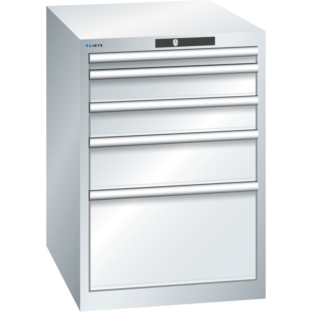 Armoire à tiroirs LISTA 27x36E, (lxPxH) 564x725x800 mm, 5 tiroirs, hauteurs de façade 50-300 mm, gris clair, KEY Lock Illustration du produit: Armoire à tiroirs LISTA 27x36E, (lxPxH) 564x725x800 mm, 5 tiroirs, hauteurs de façade 50-300 mm, gris clair, KEY Lock