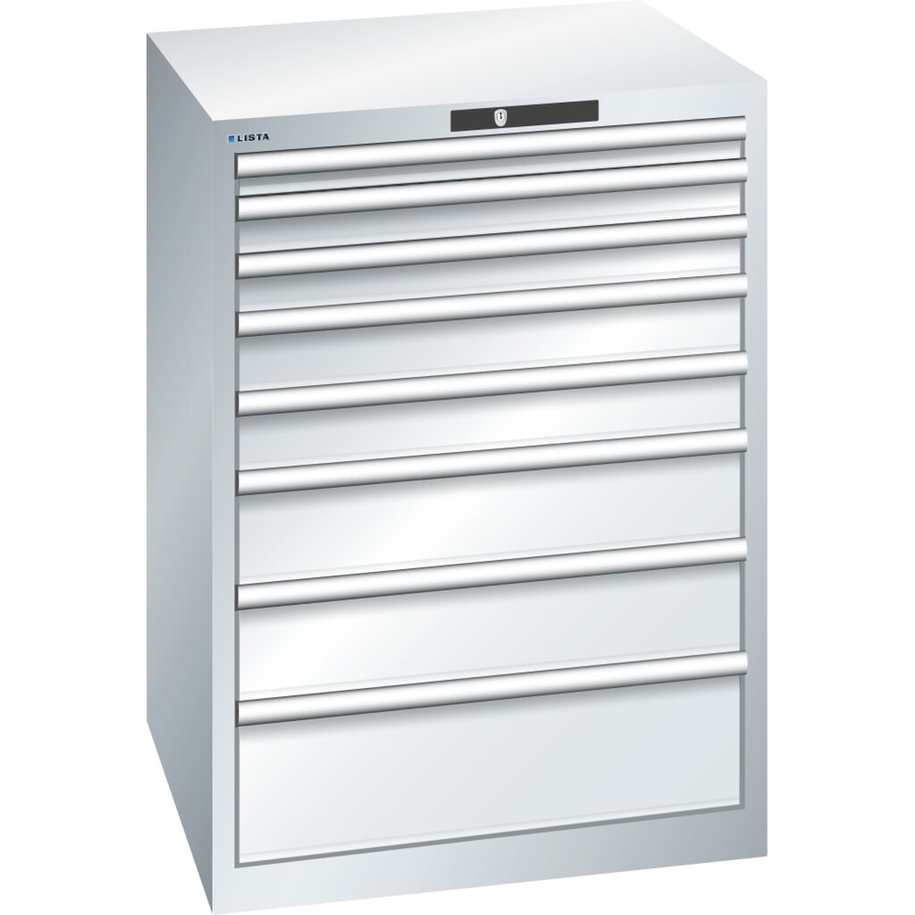 Armoire à tiroirs LISTA 36x36E, (lxPxH) 717x725x1 000 mm, 8 tiroirs, hauteurs de façade 50-200 mm, gris clair, KEY Lock Illustration du produit: Armoire à tiroirs LISTA 36x36E, (lxPxH) 717x725x1 000 mm, 8 tiroirs, hauteurs de façade 50-200 mm, gris clair, KEY Lock