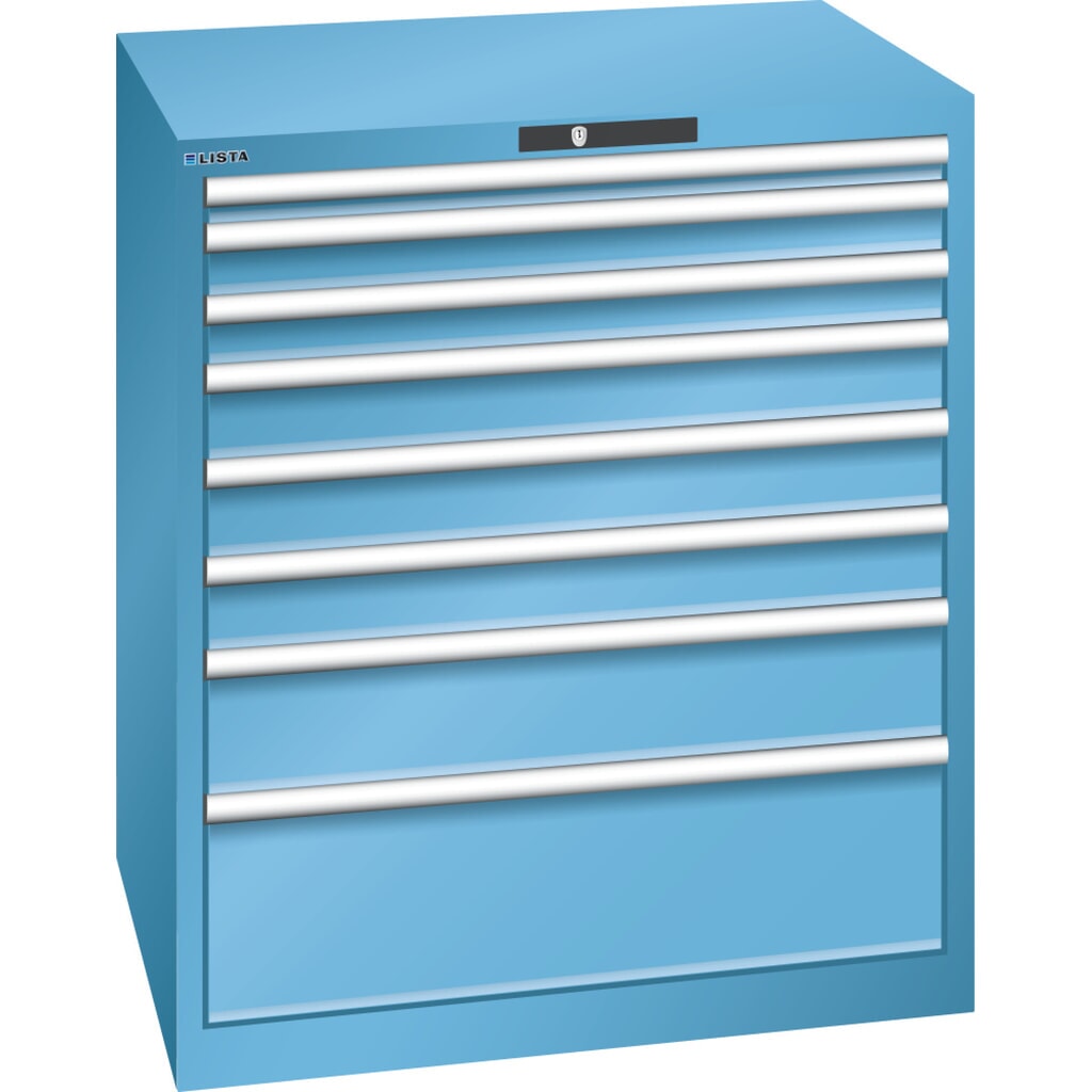 Armoire à tiroirs LISTA 45x36E, (lxPxH) 870x725x1 000 mm, 8 tiroirs, hauteurs de façade 50-250 mm, bleu clair, KEY Lock Illustration du produit: Armoire à tiroirs LISTA 45x36E, (lxPxH) 870x725x1 000 mm, 8 tiroirs, hauteurs de façade 50-250 mm, bleu clair, KEY Lock