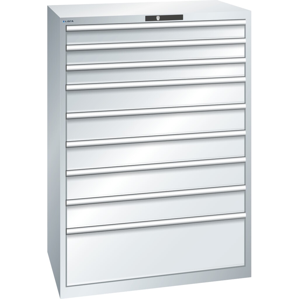 Armoire à tiroirs LISTA 54x36E, (lxPxH) 1 023x725x1 450 mm, 9 tiroirs capacité de charge 200 kg, gris clair, KEY Lock Illustration du produit: Armoire à tiroirs LISTA 54x36E, (lxPxH) 1 023x725x1 450 mm, 9 tiroirs capacité de charge 200 kg, gris clair, KEY Lock