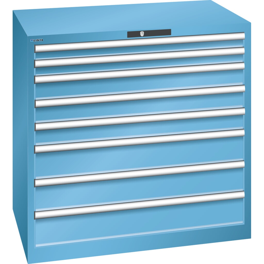 Armoire à tiroirs LISTA 54x36E, (lxPxH) 1 023x725x1 000 mm, 8 tiroirs, 2 x 75 / 3 x 100 / 3 x 150, bleu clair, KEY Lock Illustration du produit: Armoire à tiroirs LISTA 54x36E, (lxPxH) 1 023x725x1 000 mm, 8 tiroirs, 2 x 75 / 3 x 100 / 3 x 150, bleu clair, KEY Lock