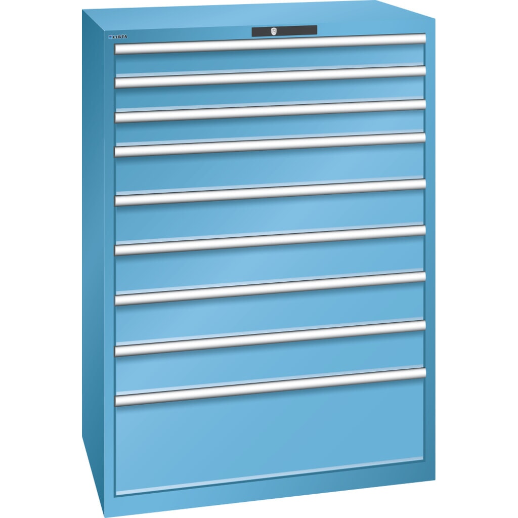 Armoire à tiroirs LISTA 54x36E, (lxPxH) 1 023x725x1 450 mm, 9 tiroirs, 3 x 100 / 5 x 150 / 1 x 300, bleu clair, KEY Lock Illustration du produit: Armoire à tiroirs LISTA 54x36E, (lxPxH) 1 023x725x1 450 mm, 9 tiroirs, 3 x 100 / 5 x 150 / 1 x 300, bleu clair, KEY Lock