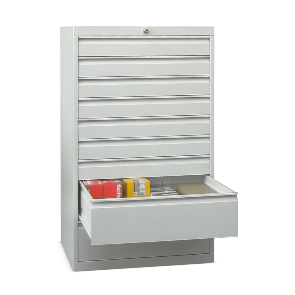 Illustration du produit: Armoire à tiroirs PAVOY, hauteur 1 200 mm, tiroirs 2 x 75 mm + 4 x 100 + 1 x 150 mm + 2 x 200 mm, largeur 715 mm, gris clair, bleu gentiane