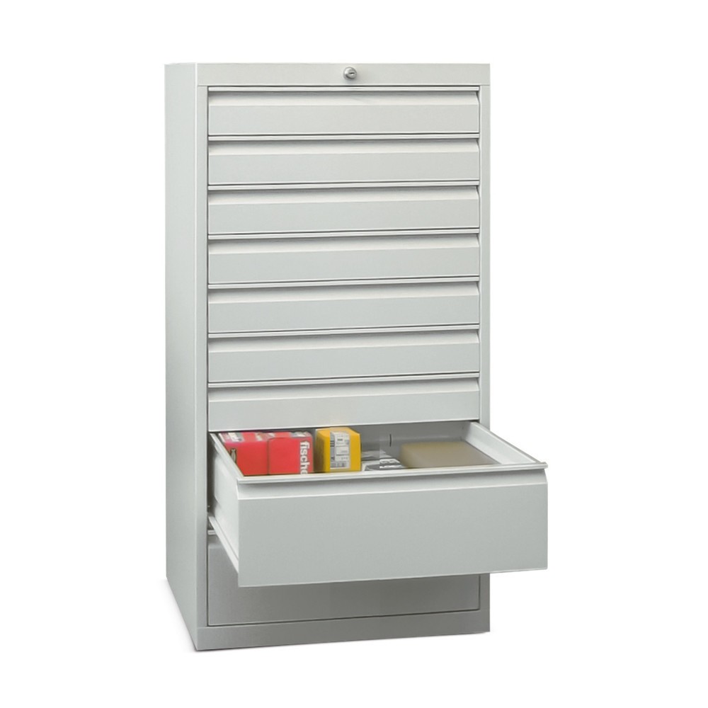 Illustration du produit: Armoire à tiroirs PAVOY, hauteur 1 200 mm, tiroirs 3 x 75 mm + 2 x 100 + 1 x 150 mm + 3 x 175 mm, largeur 500 mm, gris clair, bleu gentiane