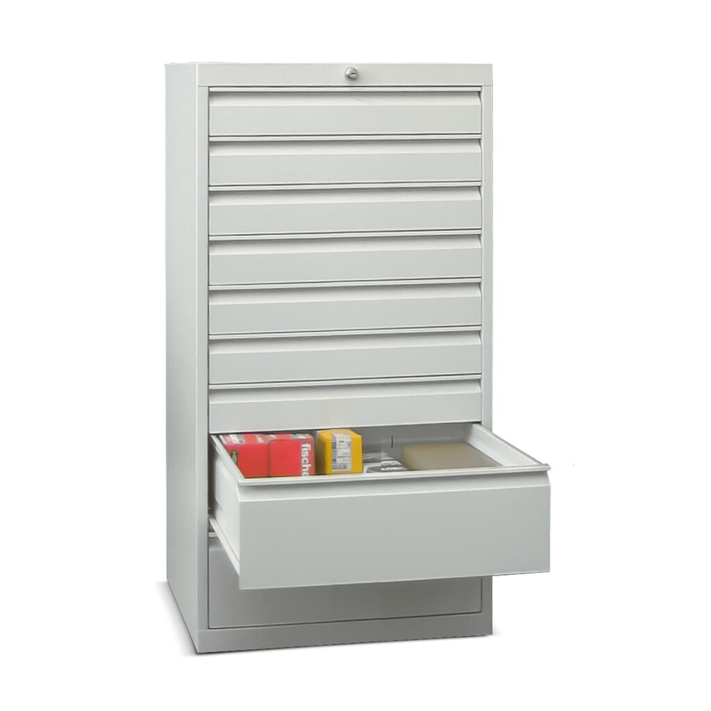 Armoire à tiroirs PAVOY, hauteur 1 200 mm, tiroirs 2 x 100 mm + 6 x 150 mm, largeur 500 mm, gris clair, rouge feu Illustration du produit: Armoire à tiroirs PAVOY, hauteur 1 200 mm, tiroirs 2 x 100 mm + 6 x 150 mm, largeur 500 mm, gris clair, rouge feu