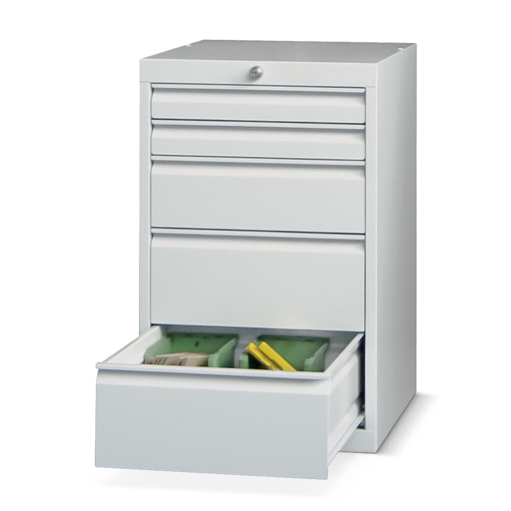 Illustration du produit: Armoire à tiroirs PAVOY, hauteur 800 mm, tiroirs 2 x 75 mm + 1 x 150 mm + 2 x 200 mm, largeur 500 mm, gris clair, rouge rubis