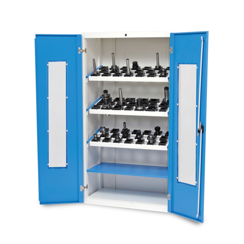 Illustration du produit: Armoire à vitrines CNC Bedrunka+Hirth, H x l x P 1 838 x 980 x 500 mm, gris clair, bleu clair, avec 3 cadres porte-outils CNC, 1 tablette