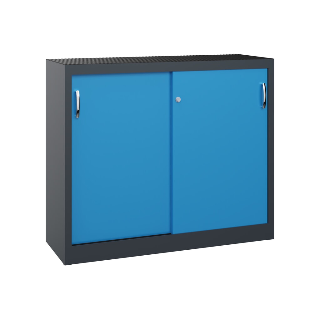 Illustration du produit: Armoire d’appoint d’atelier C+P avec 1 tablette, H x l x P 1 000 x 1 200 x 400 mm, gris anthracite, bleu clair