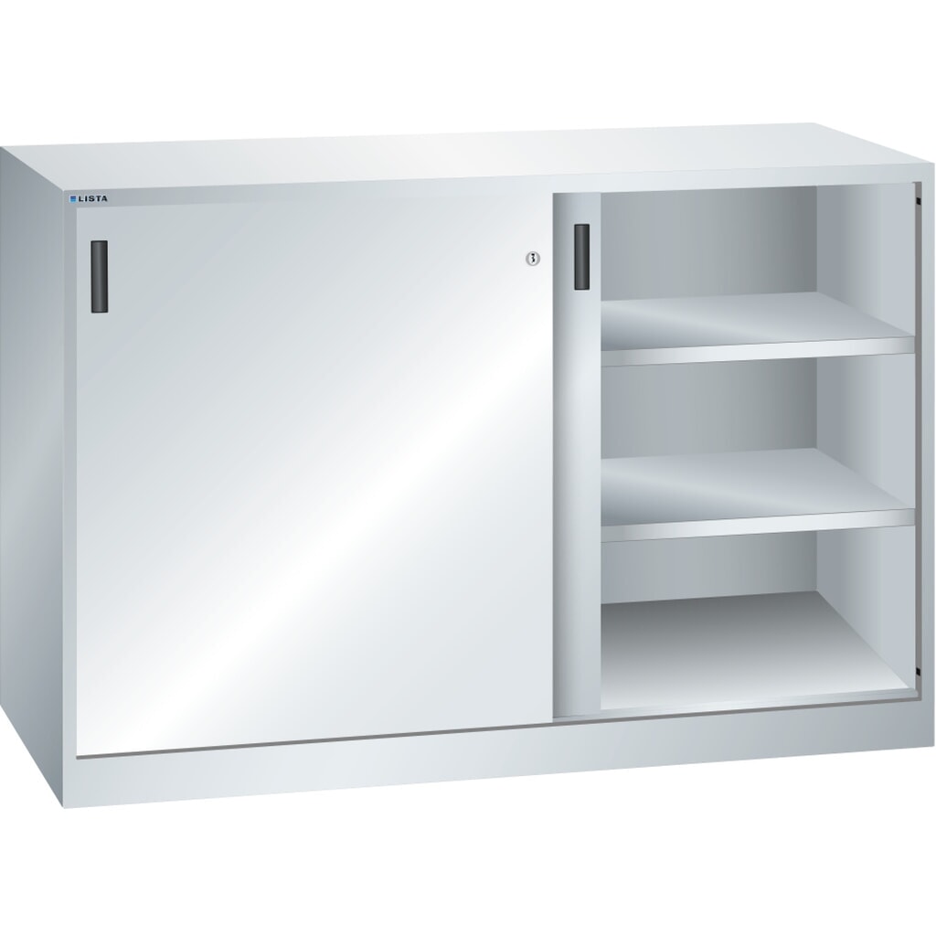 Armoire d'appoint LISTA à portes coulissantes, (lxH) 1 500x1 000 mm, 4 étagères réglables, profondeur 500 mm, gris clair Illustration du produit: Armoire d'appoint LISTA à portes coulissantes, (lxH) 1 500x1 000 mm, 4 étagères réglables, profondeur 500 mm, gris clair