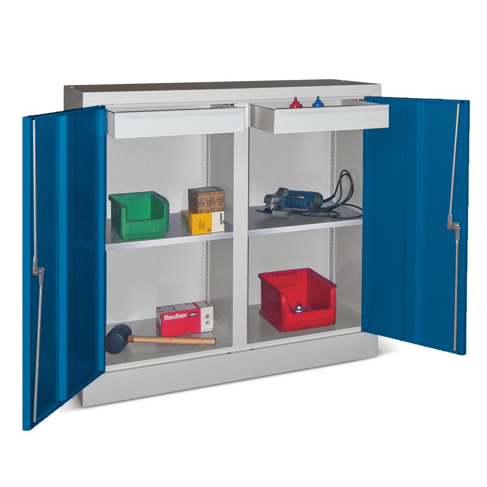 Illustration du produit: PAVOY Armoire de bureau avec 2 tablettes + 2 tiroirs, HxlxP 1 000 x 1 000 x 500 mm, paroi de séparation, bleu gentiane, gris clair
