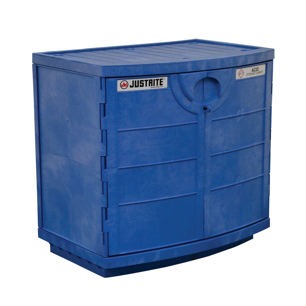 Armoire à produits chimiques Justrite® en polyéthylène (PE) pour produits chimiques corrosifs, HxlxP 900 x 910 x 640 mm, 1 tablette, fermeture manuelle N° de l'image du produit 1 : Armoire à produits chimiques Justrite® en polyéthylène (PE) pour produits chimiques corrosifs, HxlxP 900 x 910 x 640 mm, 1 tablette, fermeture manuelle