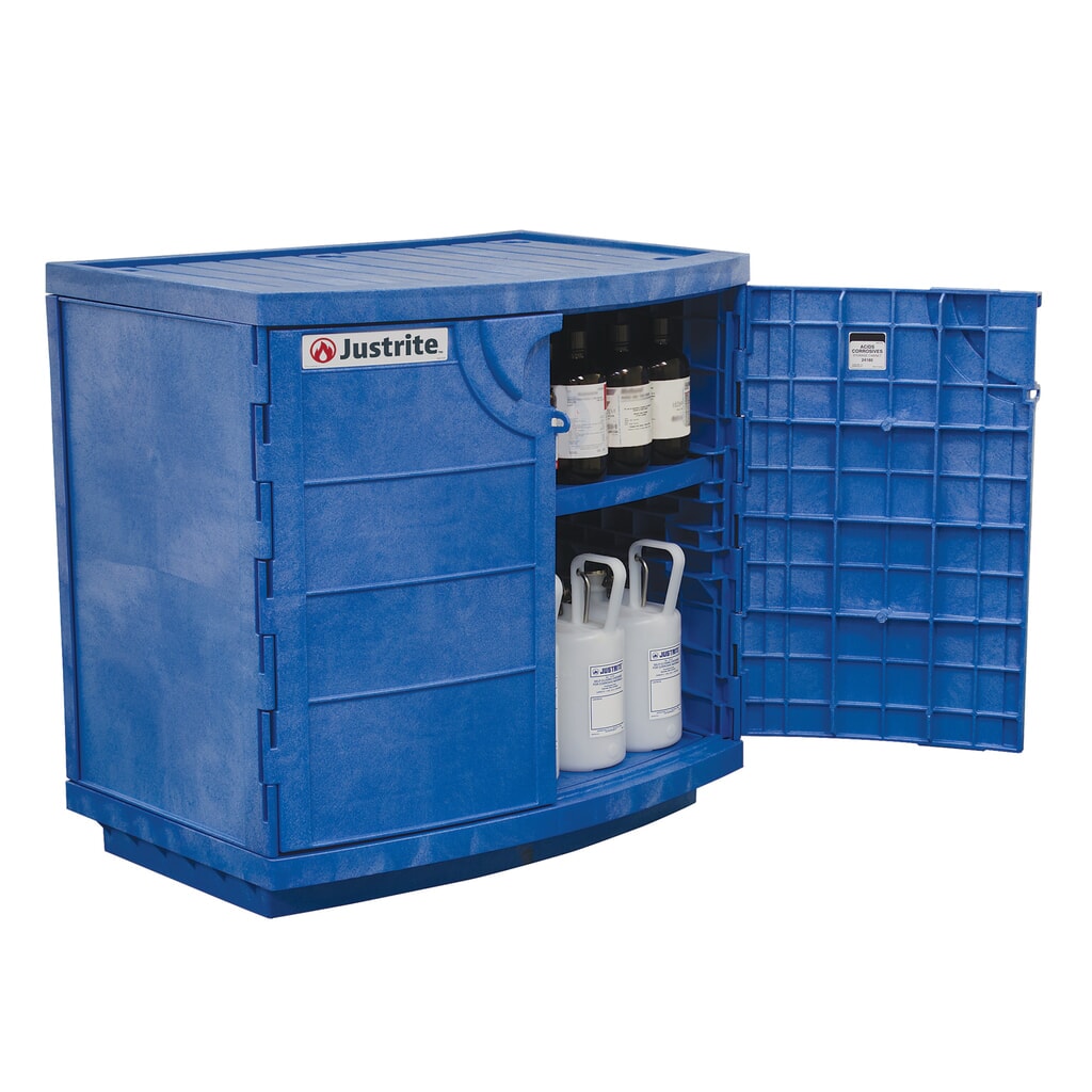 Armoire à produits chimiques Justrite® en polyéthylène (PE) pour produits chimiques corrosifs, HxlxP 900 x 910 x 640 mm, 1 tablette, fermeture manuelle N° de l'image du produit 2 : Armoire à produits chimiques Justrite® en polyéthylène (PE) pour produits chimiques corrosifs, HxlxP 900 x 910 x 640 mm, 1 tablette, fermeture manuelle