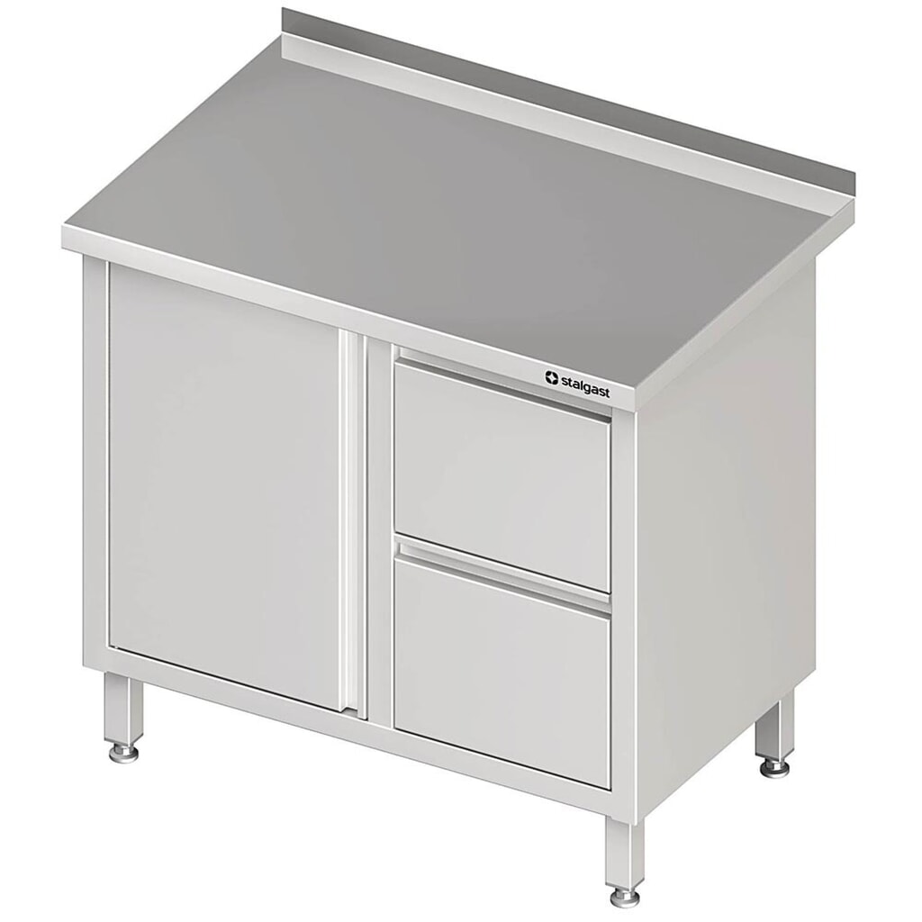 Armoire de travail Stalgast à porte battante, 800x600x850 mm, avec bloc 2 tiroirs à droite, avec rebord, soudée Illustration du produit: Armoire de travail Stalgast à porte battante, 800x600x850 mm, avec bloc 2 tiroirs à droite, avec rebord, soudée