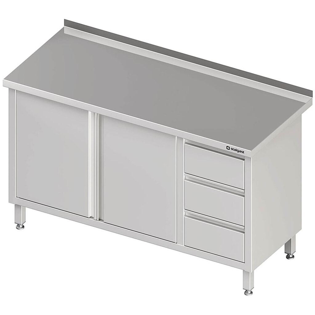 Illustration du produit: Armoire de travail Stalgast à portes battantes, 1100x600x850 mm, avec bloc 3 tiroirs à droite, avec rebord, soudée