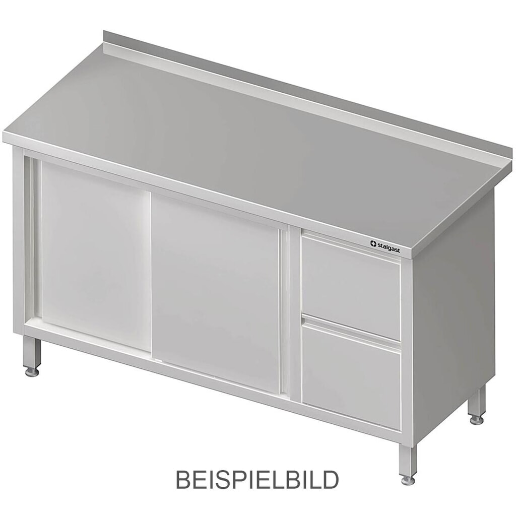 Armoire de travail Stalgast à portes coulissantes, 1200x600x850 mm, avec bloc 2 tiroirs à gauche, avec rebord, soudée Illustration du produit: Armoire de travail Stalgast à portes coulissantes, 1200x600x850 mm, avec bloc 2 tiroirs à gauche, avec rebord, soudée