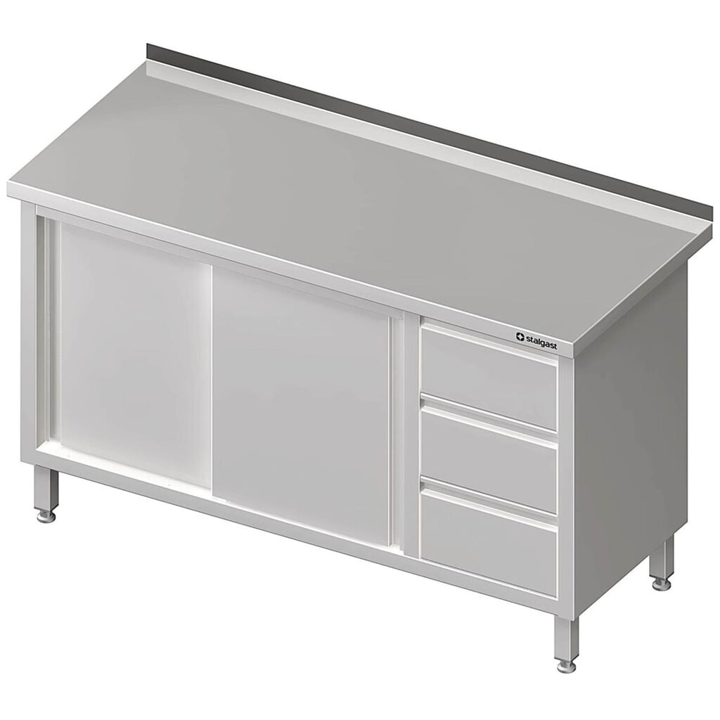 Armoire de travail Stalgast à portes coulissantes, 1200x600x850 mm, avec bloc 3 tiroirs à droite, avec rebord, soudée Illustration du produit: Armoire de travail Stalgast à portes coulissantes, 1200x600x850 mm, avec bloc 3 tiroirs à droite, avec rebord, soudée