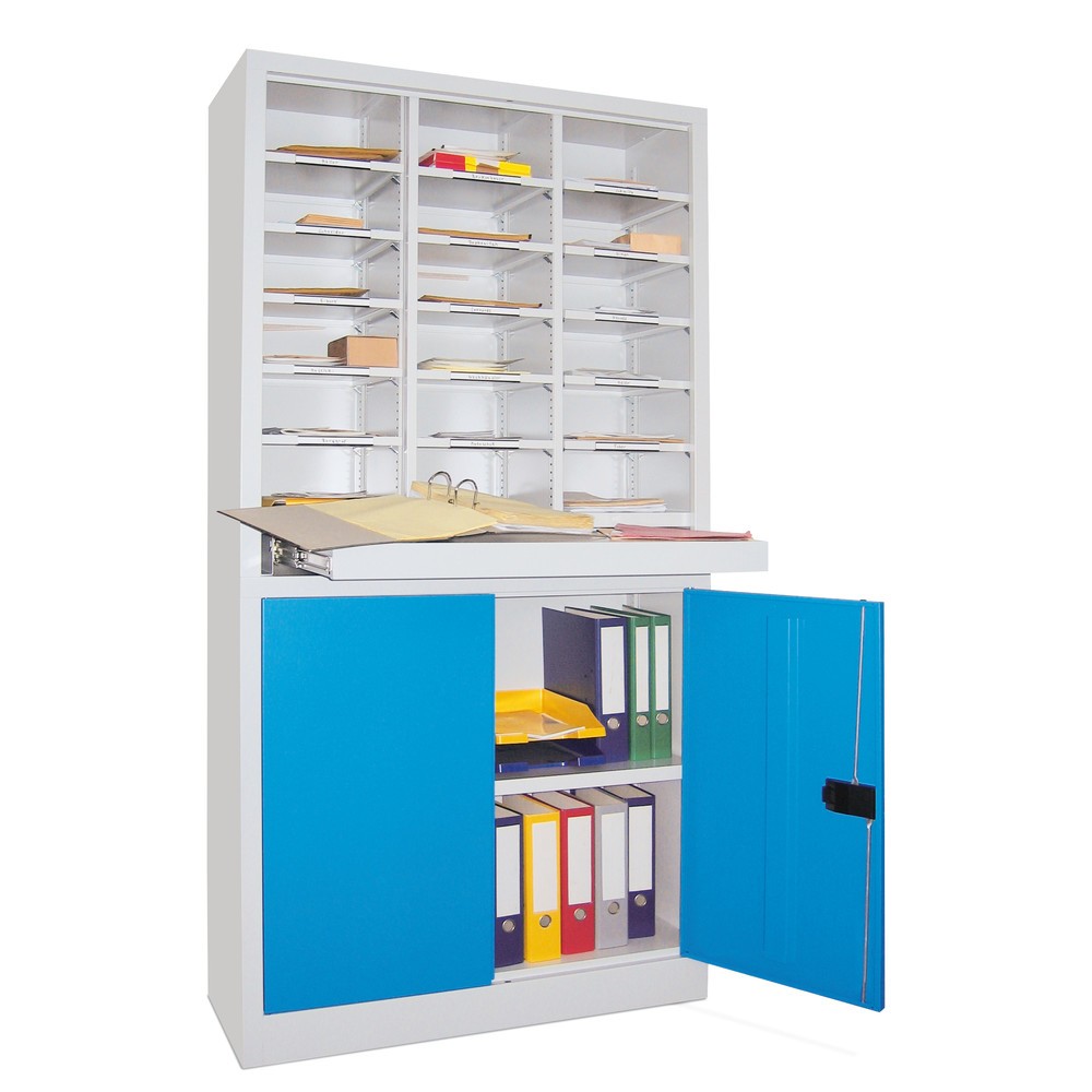 N° de l'image du produit 2 : Armoire de tri PAVOY, 18 compartiments et armoire à portes battantes, rouge feu, bleu clair