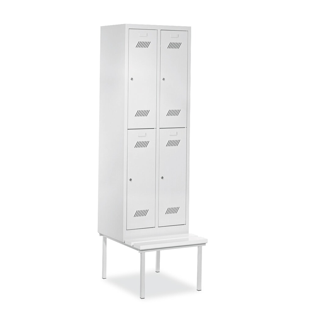 Armoire-penderie avec banc PAVOY, 2 niveaux, 2 x 2 compartiments de 400 mm, fermeture à pêne tournant, rouge feu, gris clair N° de l'image du produit 1 : Armoire-penderie avec banc PAVOY, 2 niveaux, 2 x 2 compartiments de 400 mm, fermeture à pêne tournant, rouge feu, gris clair