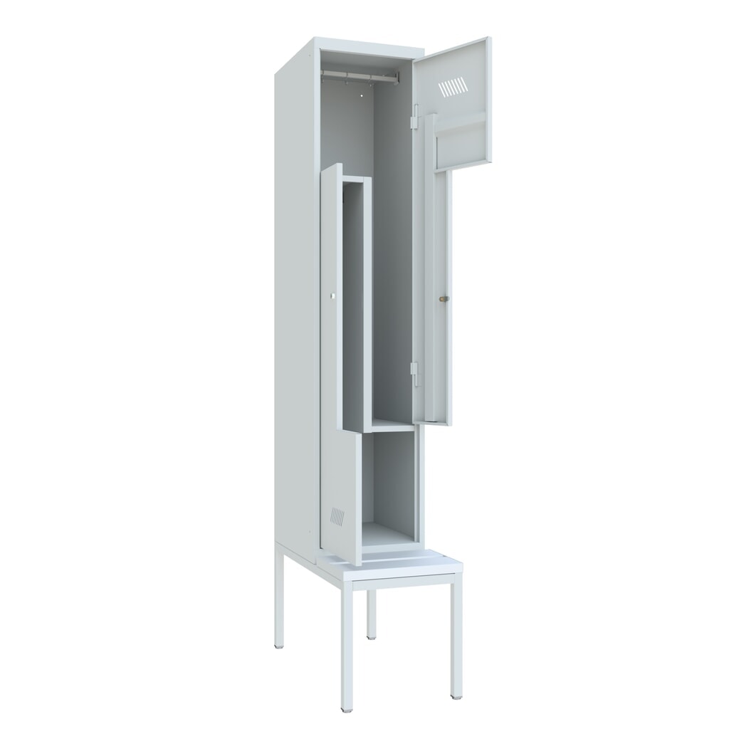 Armoire-penderie en Z avec banc PAVOY, 2 compartiments, serrure à cylindre, gris clair, gris clair, Plastique, blanc N° de l'image du produit 3 : Armoire-penderie en Z avec banc PAVOY, 2 compartiments, serrure à cylindre, gris clair, gris clair, Plastique, blanc