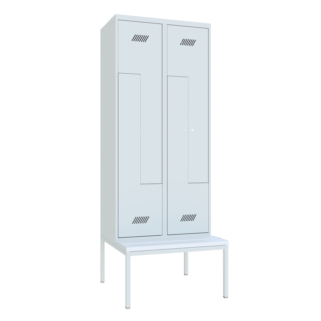 Armoire-penderie en Z avec banc PAVOY, 4 compartiments, serrure à cylindre, gris clair, gris clair, Plastique, blanc Illustration du produit: Armoire-penderie en Z avec banc PAVOY, 4 compartiments, serrure à cylindre, gris clair, gris clair, Plastique, blanc