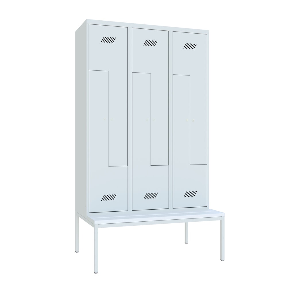Armoire-penderie en Z avec banc PAVOY, 6 compartiments, serrure à cylindre, gris clair, gris clair, Plastique, blanc Illustration du produit: Armoire-penderie en Z avec banc PAVOY, 6 compartiments, serrure à cylindre, gris clair, gris clair, Plastique, blanc