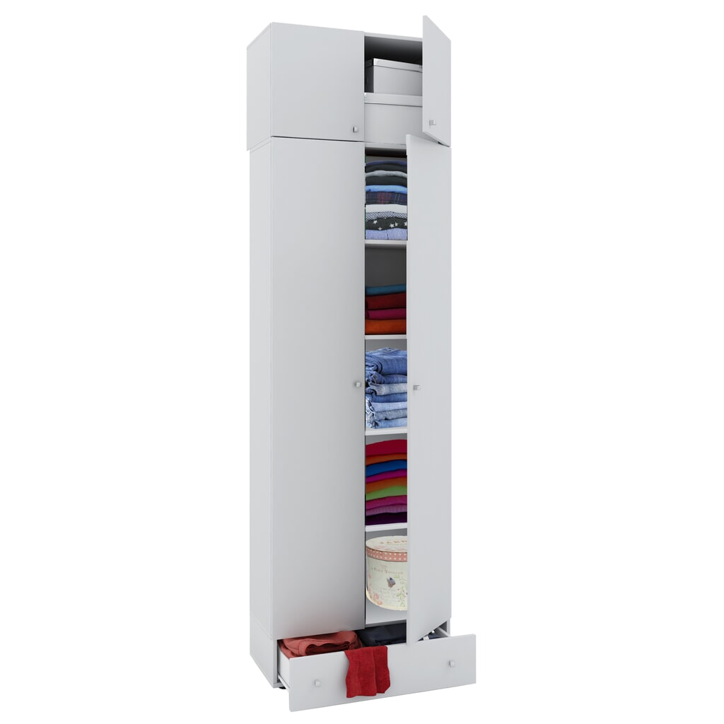 Armoire polyvalente Vandol I, avec portes, surmeuble et tiroir, blanc Illustration du produit: Armoire polyvalente Vandol I, avec portes, surmeuble et tiroir, blanc