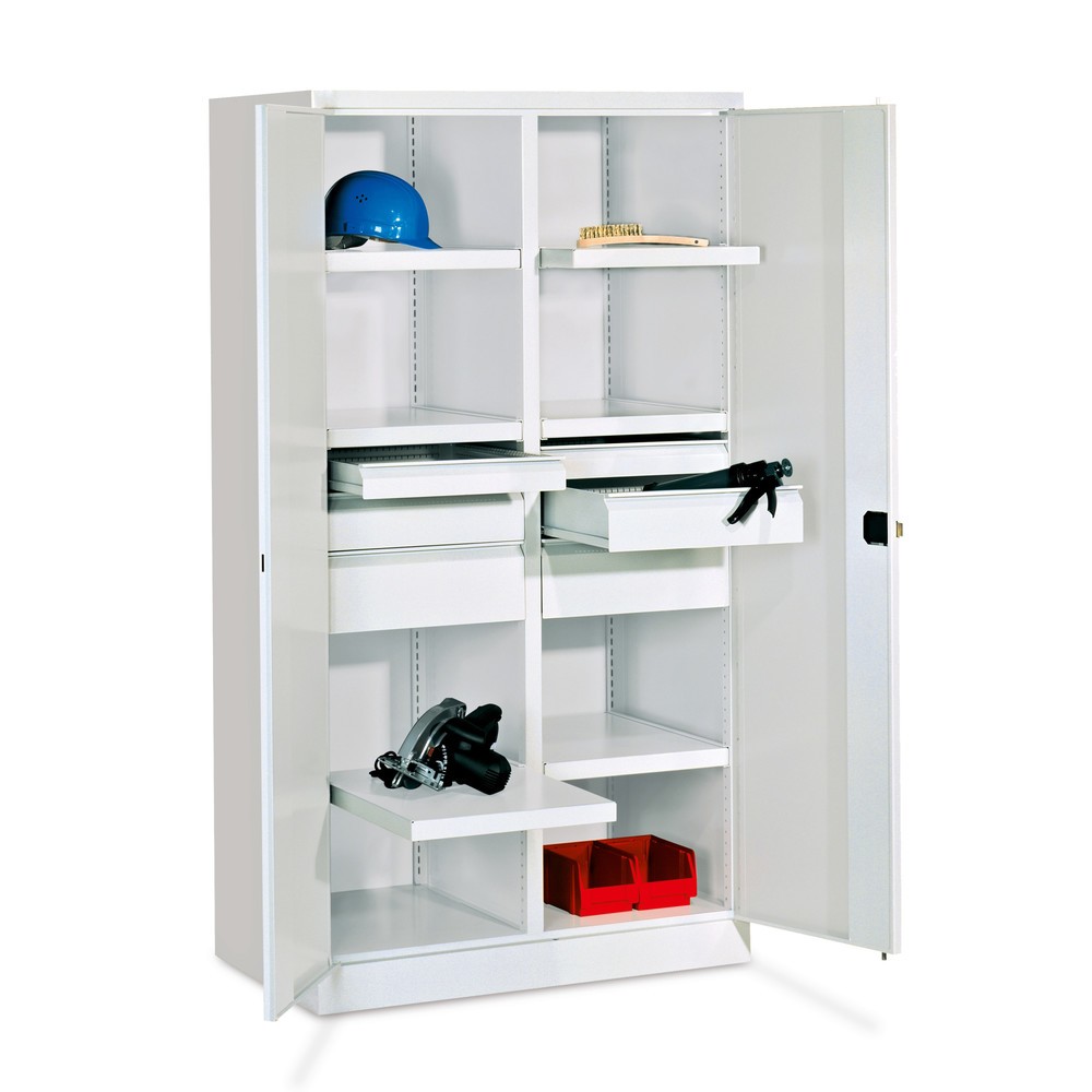 Illustration du produit: Armoire pour charges lourdes PAVOY Premium avec paroi intermédiaire, 6 tablettes + tiroirs 6 x 175 mm, gris clair, gris clair