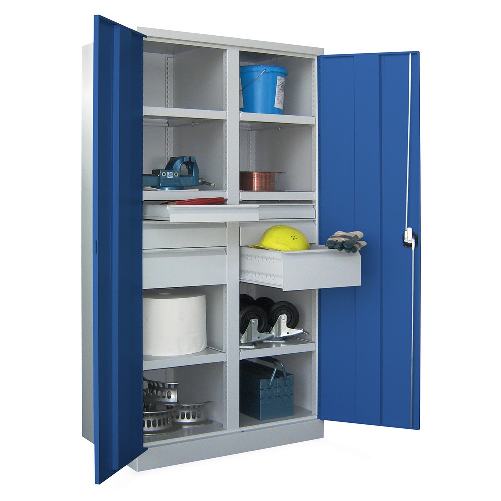 N° de l'image du produit 4 : Armoire pour charges lourdes PAVOY Premium avec paroi intermédiaire, 6 tablettes + tiroirs 4 x 175 mm, gris clair, gris clair