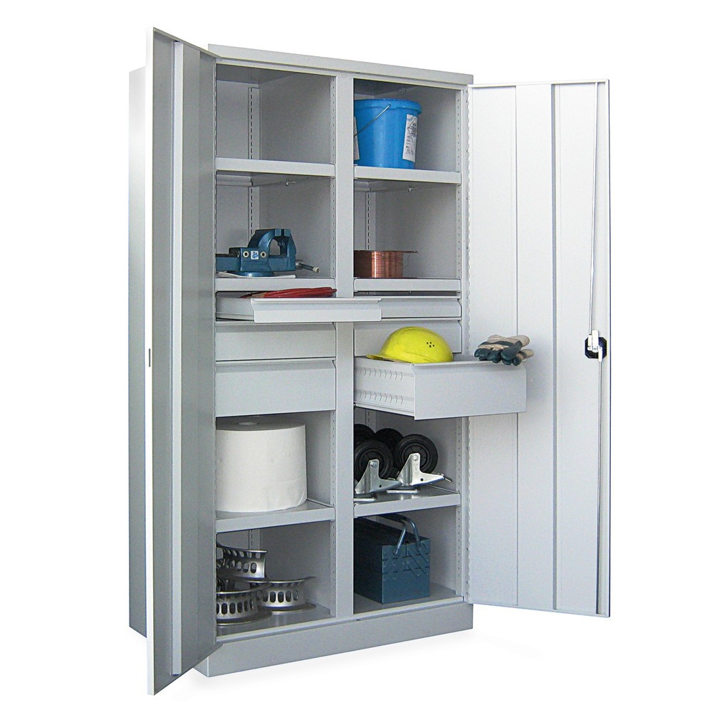 N° de l'image du produit 5 : Armoire pour charges lourdes PAVOY Premium avec paroi intermédiaire, 6 tablettes + tiroirs 4 x 175 mm, gris clair, gris clair