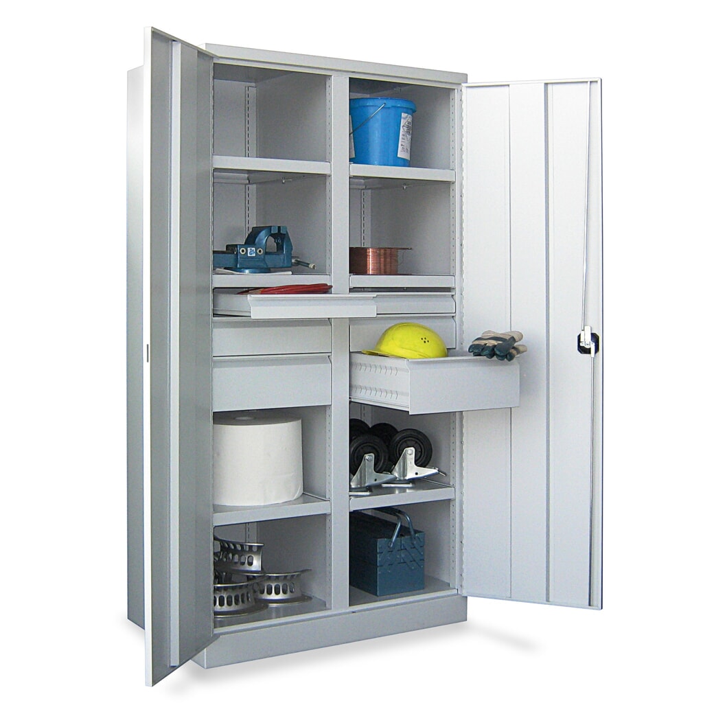Armoire pour charges lourdes PAVOY Premium avec paroi intermédiaire, 6 tablettes + tiroirs 6 x 175 mm, gris clair, gris clair N° de l'image du produit 5 : Armoire pour charges lourdes PAVOY Premium avec paroi intermédiaire, 6 tablettes + tiroirs 6 x 175 mm, gris clair, gris clair